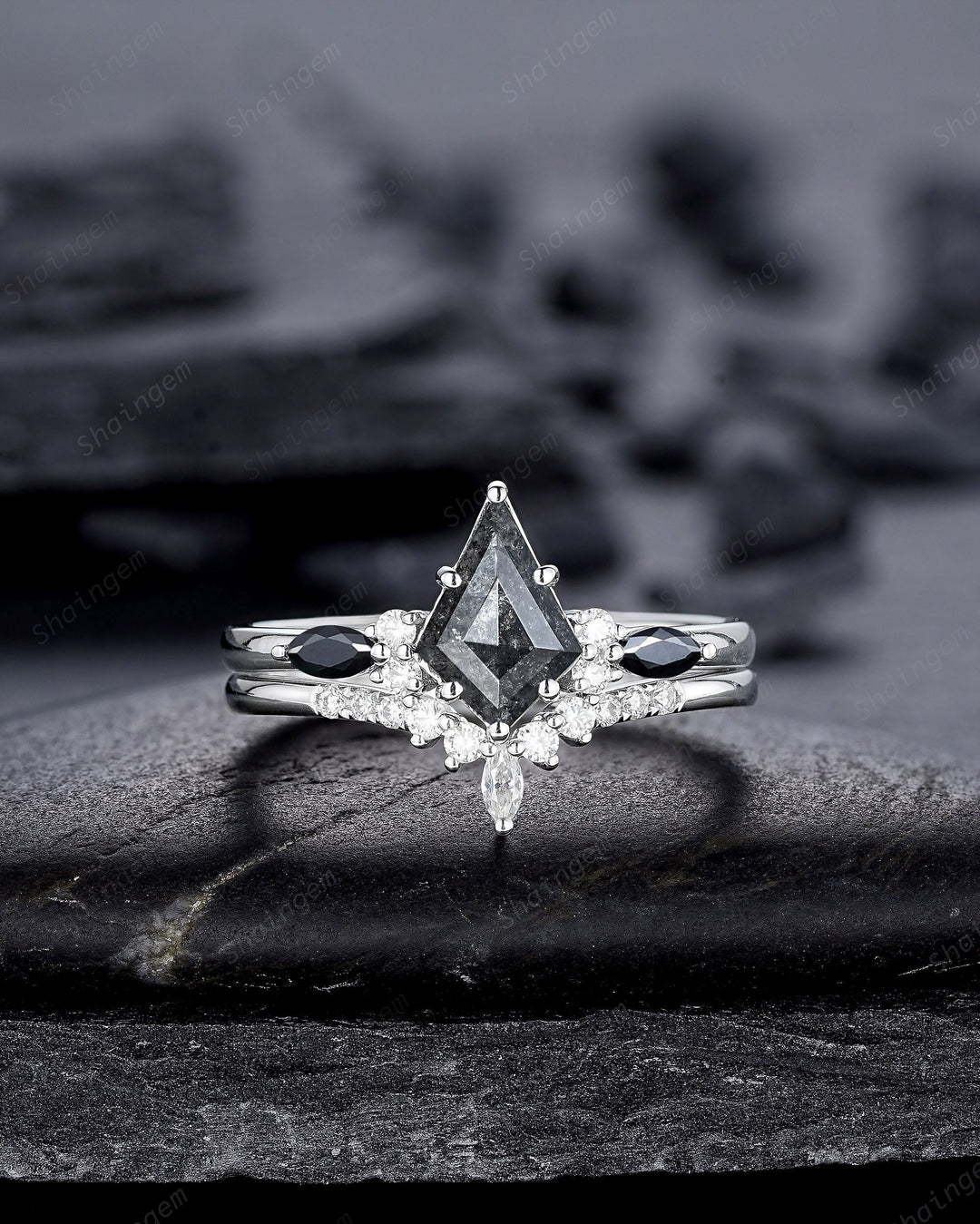Platinum Natural Salt and Pepper Diamond Engagement Ring Set, 18K White Gold Kite Cut Black Diamond Promise Ring, Gray Diamond Wedding Ring - ShainJewelry