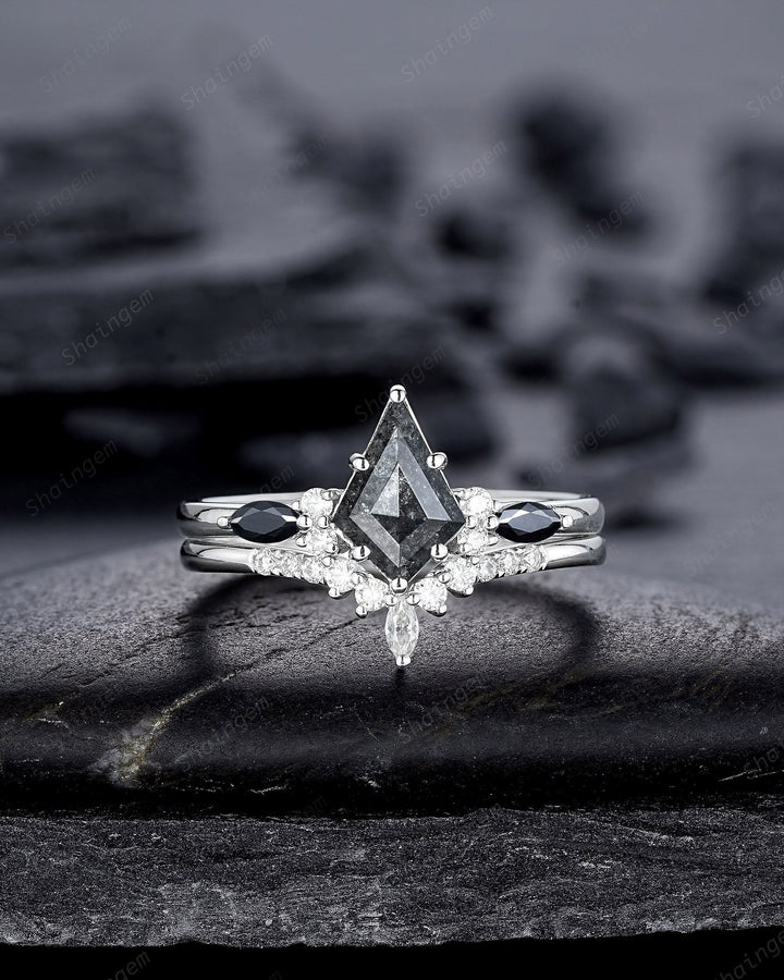 Platinum Natural Salt and Pepper Diamond Engagement Ring Set, 18K White Gold Kite Cut Black Diamond Promise Ring, Gray Diamond Wedding Ring - ShainJewelry