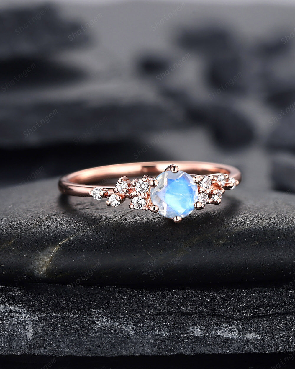 Vintage Round Shape Blue Moonstone Cluster Engagement Ring, Dainty Snowdrift Promise Ring Unique Rose Gold June Birthstone Wedding Ring Gift - ShainJewelry