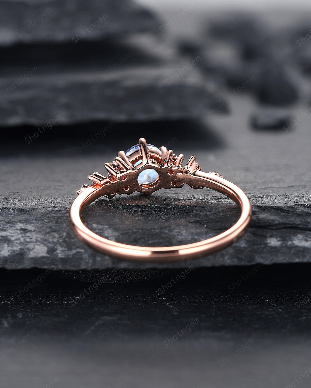 Vintage Round Shape Blue Moonstone Cluster Engagement Ring, Dainty Snowdrift Promise Ring Unique Rose Gold June Birthstone Wedding Ring Gift - ShainJewelry