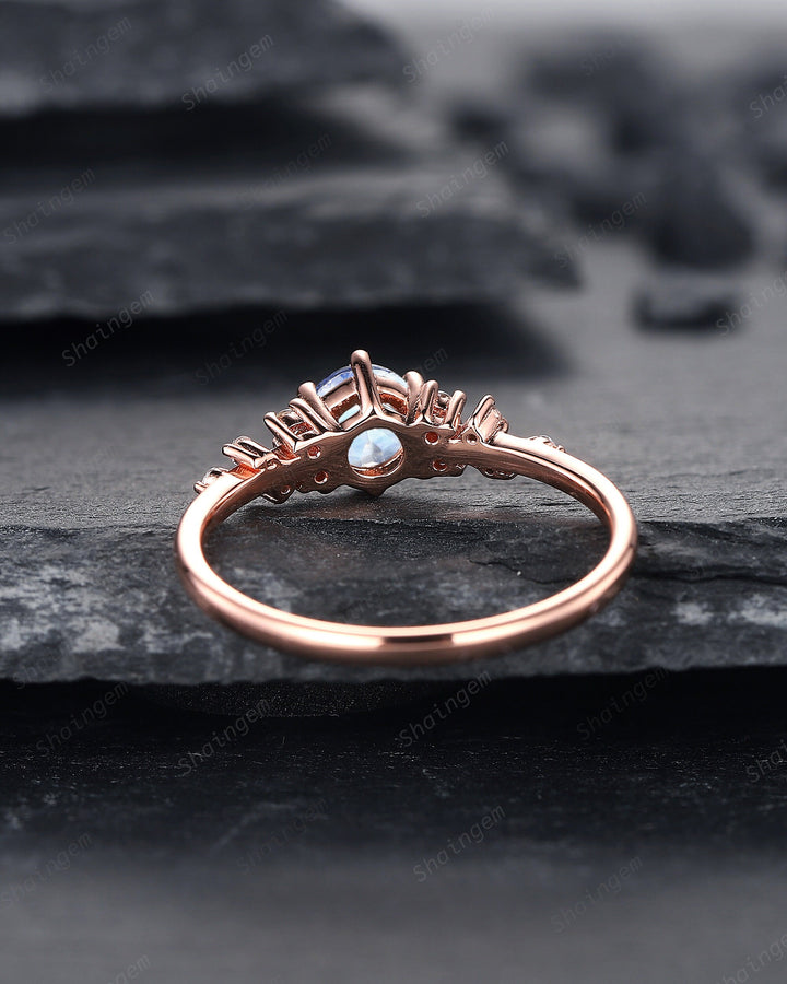 Vintage Round Shape Blue Moonstone Cluster Engagement Ring, Dainty Snowdrift Promise Ring Unique Rose Gold June Birthstone Wedding Ring Gift - ShainJewelry