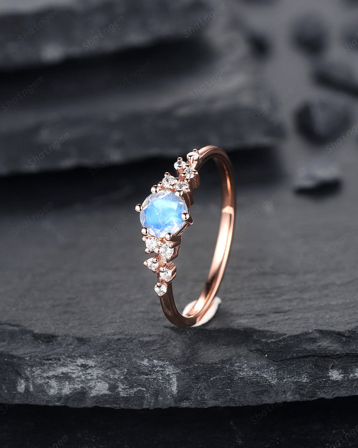Vintage Round Shape Blue Moonstone Cluster Engagement Ring, Dainty Snowdrift Promise Ring Unique Rose Gold June Birthstone Wedding Ring Gift - ShainJewelry