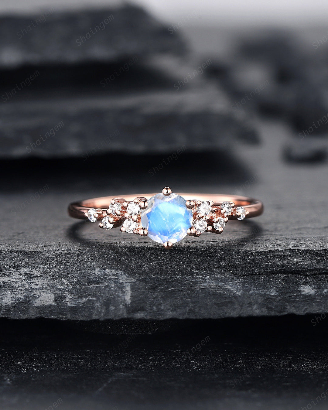 Vintage Round Shape Blue Moonstone Cluster Engagement Ring, Dainty Snowdrift Promise Ring Unique Rose Gold June Birthstone Wedding Ring Gift - ShainJewelry