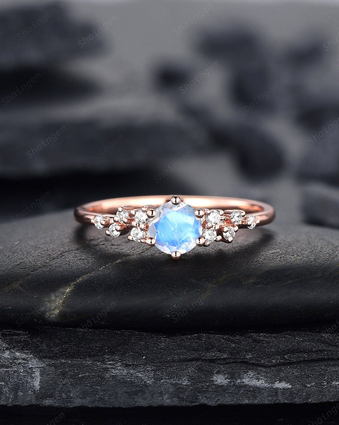 Vintage Round Shape Blue Moonstone Cluster Engagement Ring, Dainty Snowdrift Promise Ring Unique Rose Gold June Birthstone Wedding Ring Gift - ShainJewelry