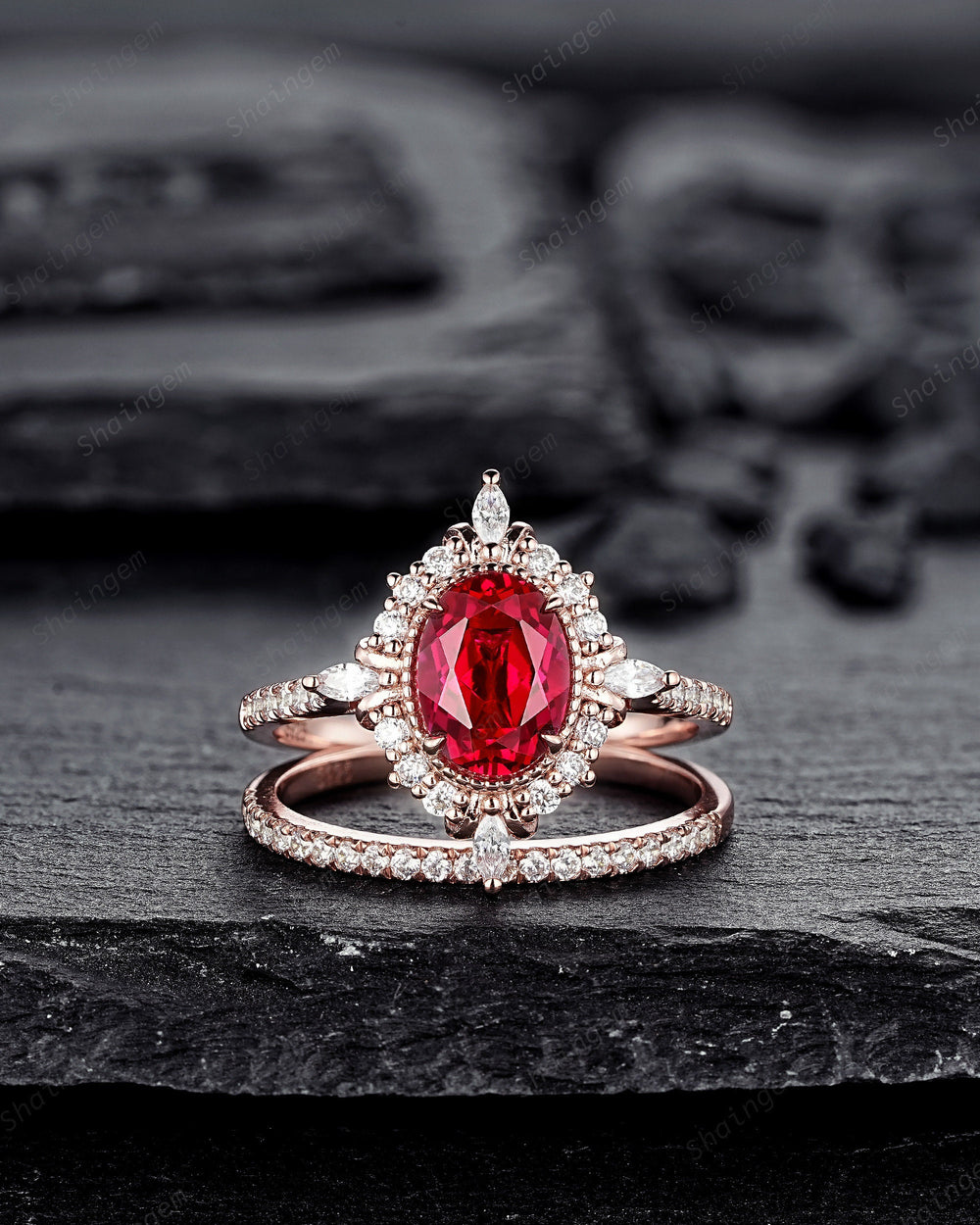 Natural Rhodolite Garnet and Halo Diamond Engagement Ring, Oval Cut Garnet Rose Gold Floral Promise Ring, PeekaBoo Setting Wedding Ring - ShainJewelry