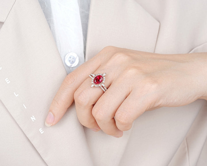 Natural Rhodolite Garnet and Halo Diamond Engagement Ring, Oval Cut Garnet Rose Gold Floral Promise Ring, PeekaBoo Setting Wedding Ring - ShainJewelry