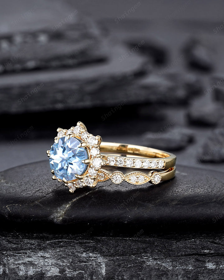 Vintage Round Shape Aquamarine Floral Engagement Ring Set, Unique Yellow Gold Halo Promise Ring March Birthstone Bridal Set Anniversary Ring - ShainJewelry