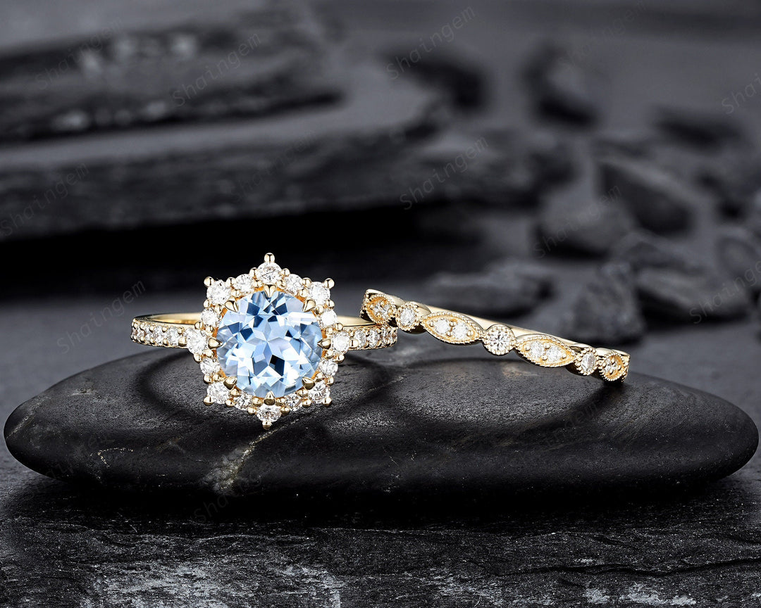 Vintage Round Shape Aquamarine Floral Engagement Ring Set, Unique Yellow Gold Halo Promise Ring March Birthstone Bridal Set Anniversary Ring - ShainJewelry