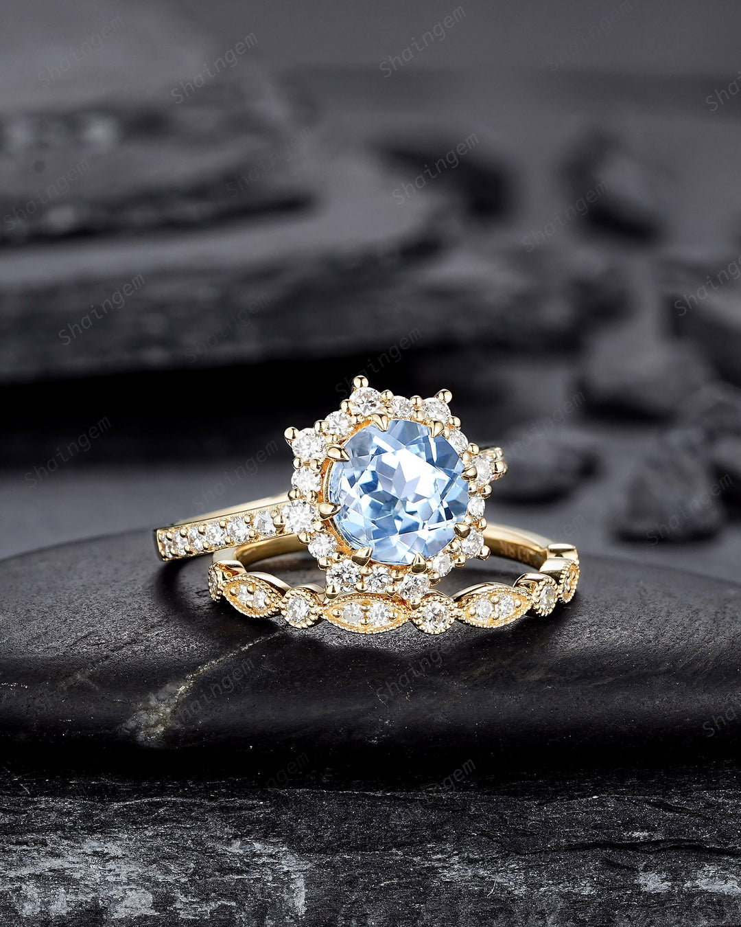 Vintage Round Shape Aquamarine Floral Engagement Ring Set, Unique Yellow Gold Halo Promise Ring March Birthstone Bridal Set Anniversary Ring - ShainJewelry