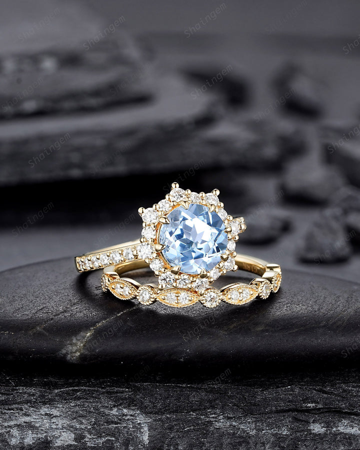 Vintage Round Shape Aquamarine Floral Engagement Ring Set, Unique Yellow Gold Halo Promise Ring March Birthstone Bridal Set Anniversary Ring - ShainJewelry