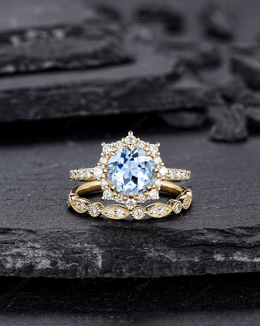 Vintage Round Shape Aquamarine Floral Engagement Ring Set, Unique Yellow Gold Halo Promise Ring March Birthstone Bridal Set Anniversary Ring - ShainJewelry