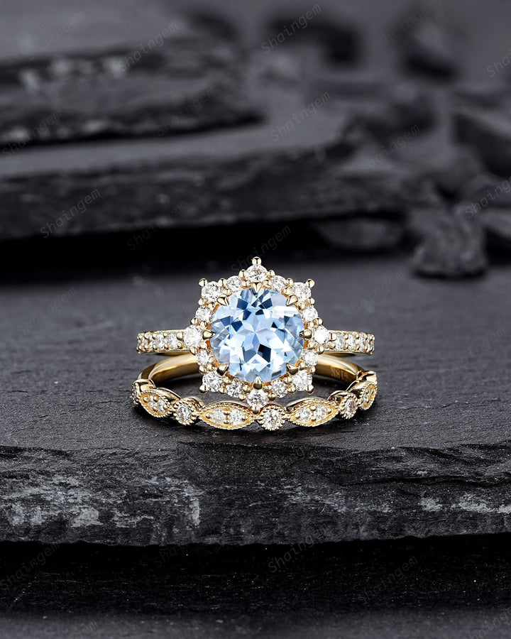 Vintage Round Shape Aquamarine Floral Engagement Ring Set, Unique Yellow Gold Halo Promise Ring March Birthstone Bridal Set Anniversary Ring - ShainJewelry