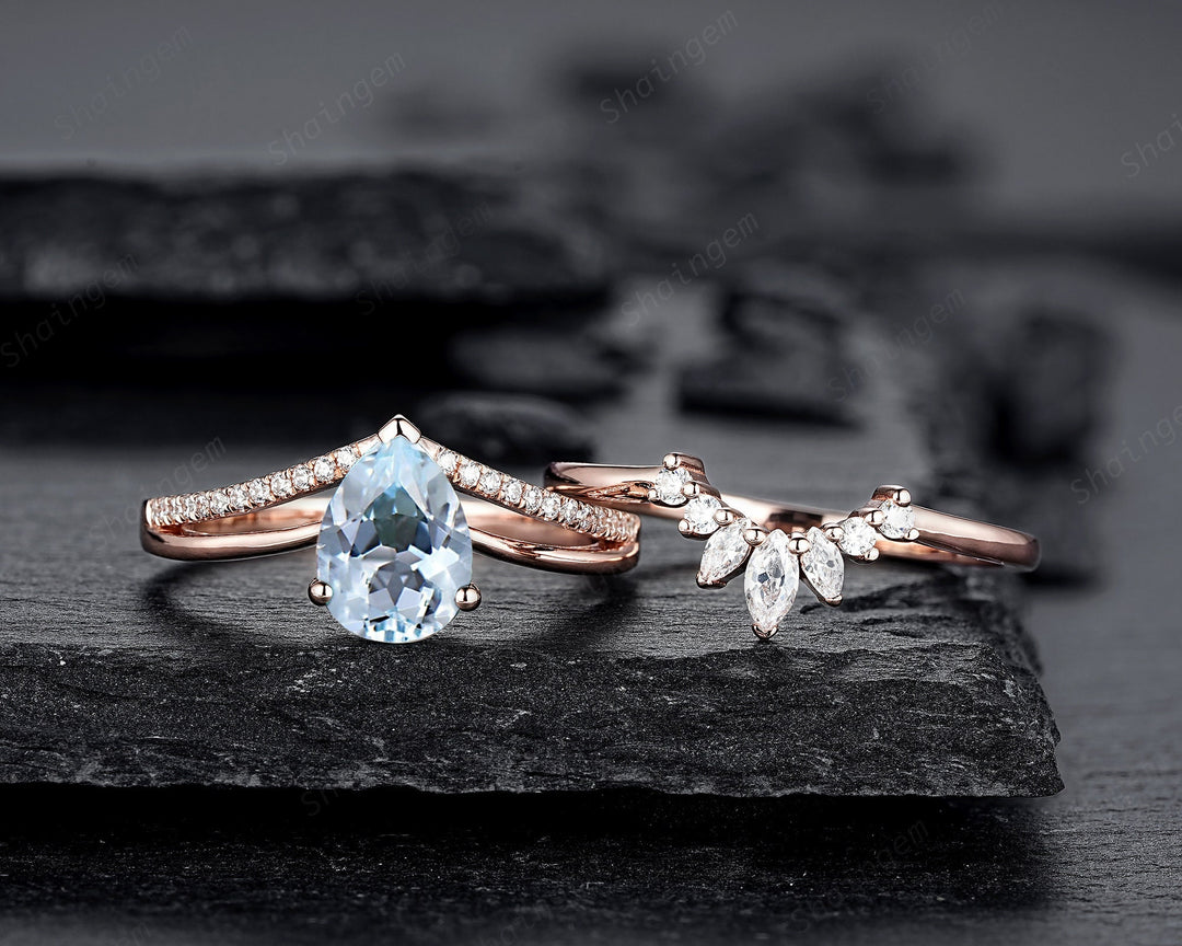 Vintage Pear Shape Aquamarine Engagement Ring Set, Unique Split Shank Rose Gold Promise Ring, March Birthstone Bridal Set Anniversary Ring - ShainJewelry