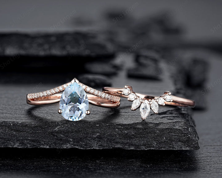 Vintage Pear Shape Aquamarine Engagement Ring Set, Unique Split Shank Rose Gold Promise Ring, March Birthstone Bridal Set Anniversary Ring - ShainJewelry