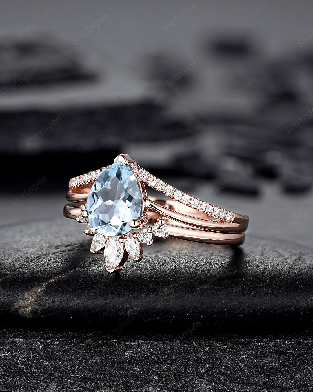 Vintage Pear Shape Aquamarine Engagement Ring Set, Unique Split Shank Rose Gold Promise Ring, March Birthstone Bridal Set Anniversary Ring - ShainJewelry