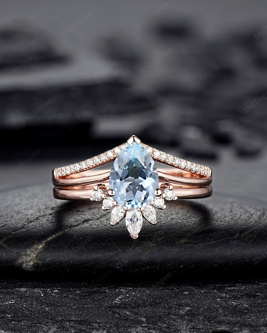 Vintage Pear Shape Aquamarine Engagement Ring Set, Unique Split Shank Rose Gold Promise Ring, March Birthstone Bridal Set Anniversary Ring - ShainJewelry
