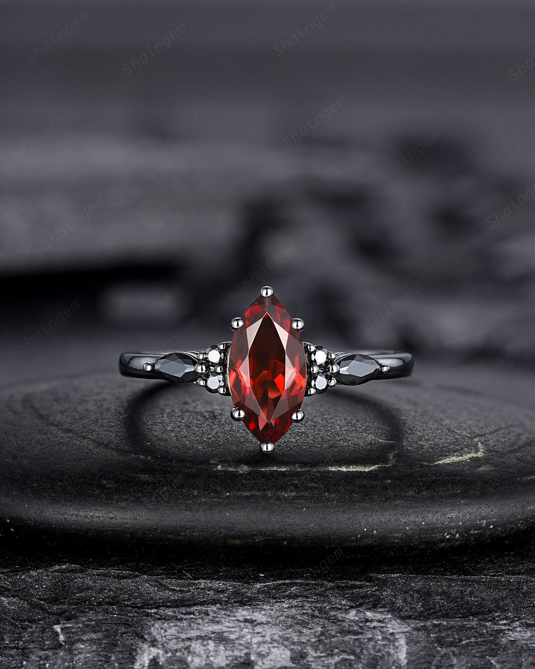 Vintage Marquise Cut Natural Garnet Black Engagement Ring Set, Gothic Black Bridal Set, Black Rhodium Wedding Set, Black Promise Ring Gift - ShainJewelry