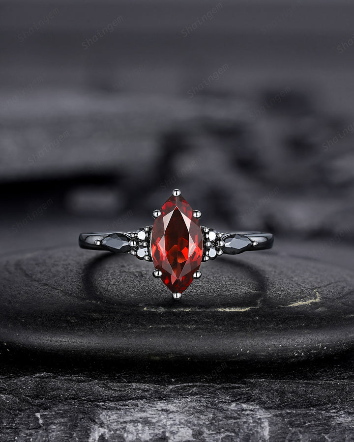 Vintage Marquise Cut Natural Garnet Black Engagement Ring Set, Gothic Black Bridal Set, Black Rhodium Wedding Set, Black Promise Ring Gift - ShainJewelry