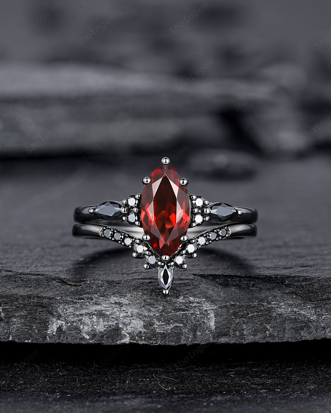 Vintage Marquise Cut Natural Garnet Black Engagement Ring Set, Gothic Black Bridal Set, Black Rhodium Wedding Set, Black Promise Ring Gift - ShainJewelry
