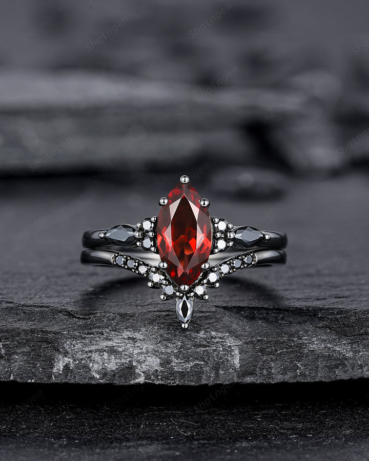 Vintage Marquise Cut Natural Garnet Black Engagement Ring Set, Gothic Black Bridal Set, Black Rhodium Wedding Set, Black Promise Ring Gift - ShainJewelry