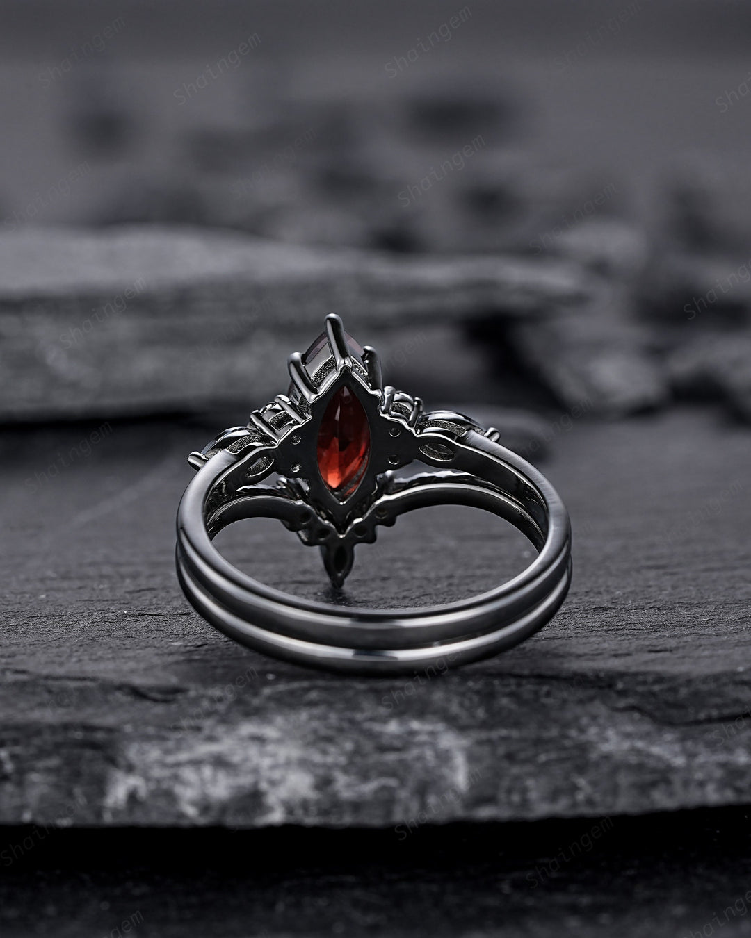 Vintage Marquise Cut Natural Garnet Black Engagement Ring Set, Gothic Black Bridal Set, Black Rhodium Wedding Set, Black Promise Ring Gift - ShainJewelry