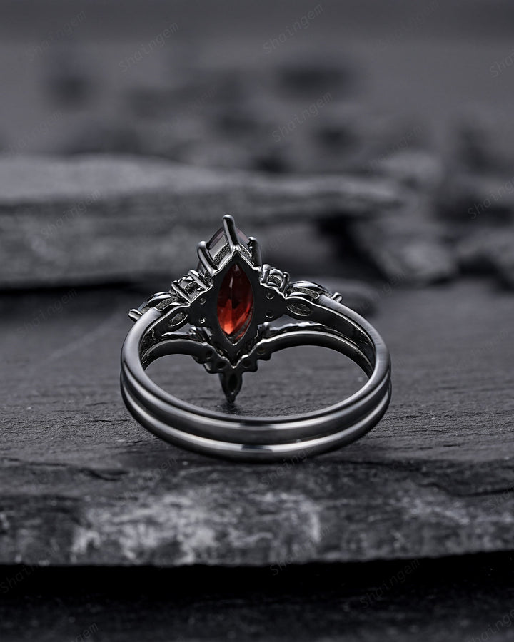 Vintage Marquise Cut Natural Garnet Black Engagement Ring Set, Gothic Black Bridal Set, Black Rhodium Wedding Set, Black Promise Ring Gift - ShainJewelry