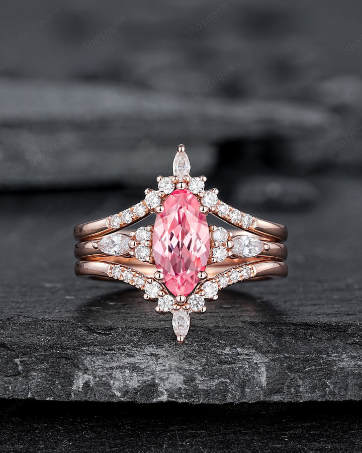 3PCS Marquise Cut Padparadscha Pink Sapphire Bridal Set, Sapphire Engagement Ring, V Shape Pink Stone Promise Ring Wedding Ring for Women - ShainJewelry
