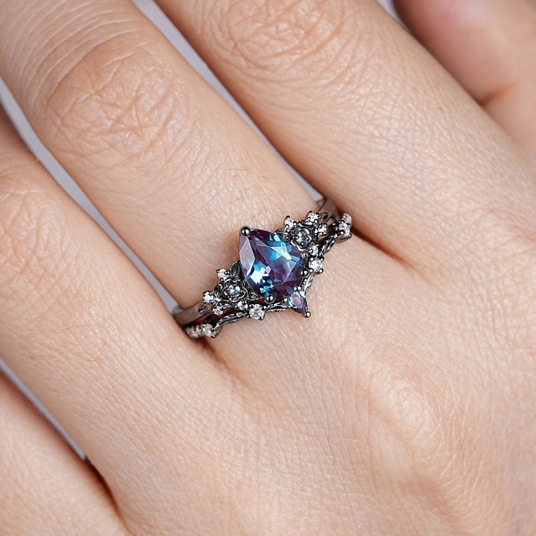 Gothic Black Gold Pear Shape Alexandrite Engagement Ring Set, Black Floral Promise Ring Set Unique Rhodium Black Witchy Ring Bridal Set Gift - ShainJewelry