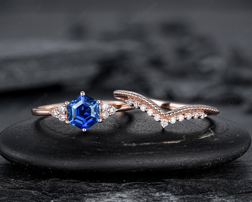 Hexagon Cut Blue Sapphire Milgrain Engagement Ring Set, Unique 14K Rose Gold Chevron Bridal Set, Curved Promise Wedding Ring Set for Women - ShainJewelry
