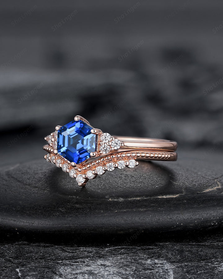 Hexagon Cut Blue Sapphire Milgrain Engagement Ring Set, Unique 14K Rose Gold Chevron Bridal Set, Curved Promise Wedding Ring Set for Women - ShainJewelry