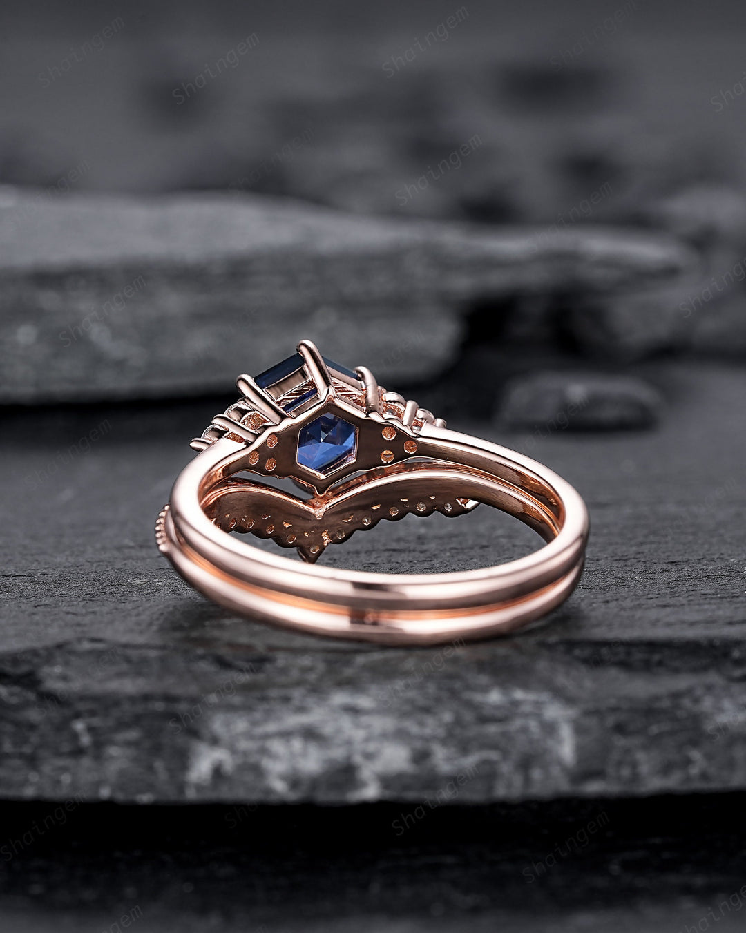 Hexagon Cut Blue Sapphire Milgrain Engagement Ring Set, Unique 14K Rose Gold Chevron Bridal Set, Curved Promise Wedding Ring Set for Women - ShainJewelry
