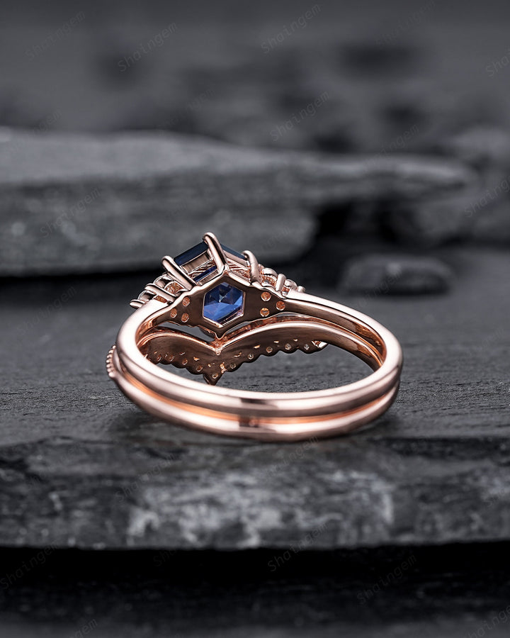 Hexagon Cut Blue Sapphire Milgrain Engagement Ring Set, Unique 14K Rose Gold Chevron Bridal Set, Curved Promise Wedding Ring Set for Women - ShainJewelry