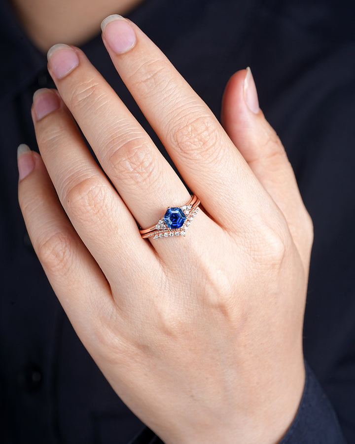 Hexagon Cut Blue Sapphire Milgrain Engagement Ring Set, Unique 14K Rose Gold Chevron Bridal Set, Curved Promise Wedding Ring Set for Women - ShainJewelry