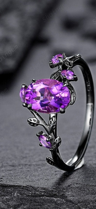 Gothic Oval Shape Amethyst Black Engagement Ring Set, Black Gold Leaf Promise Ring Set, Rhodium Black Witchy Twig Branch Ring Bridal Set - ShainJewelry