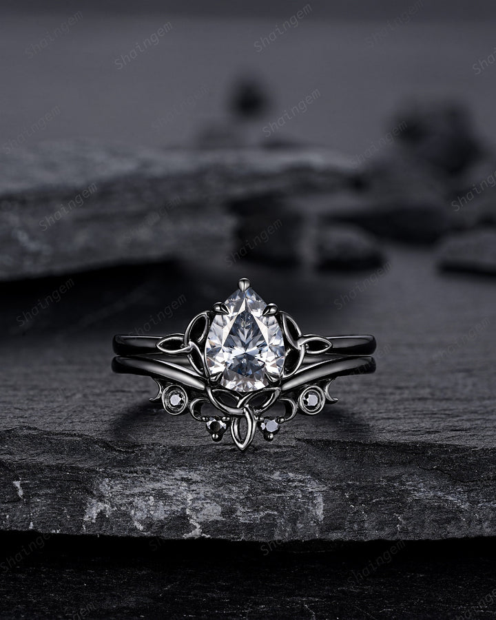 Vintage Pear Cut Gray Moissanite Black Engagement Ring Set, Gothic Black Rhodium Celtic Knot Wedding Set, Punk Black Promise Ring for Women - ShainJewelry