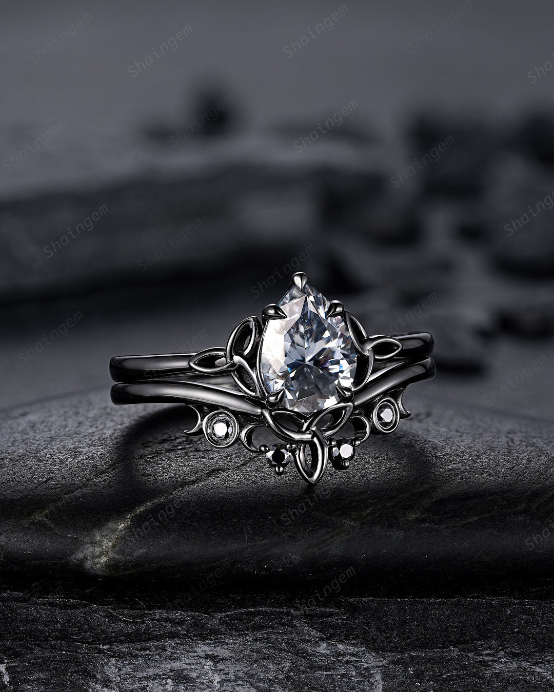 Vintage Pear Cut Gray Moissanite Black Engagement Ring Set, Gothic Black Rhodium Celtic Knot Wedding Set, Punk Black Promise Ring for Women - ShainJewelry