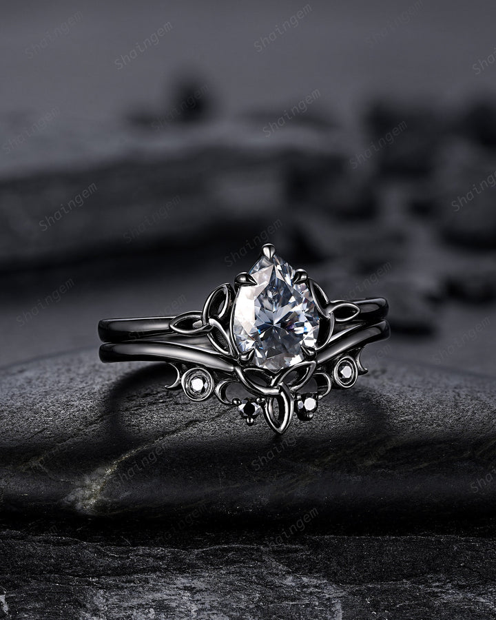 Vintage Pear Cut Gray Moissanite Black Engagement Ring Set, Gothic Black Rhodium Celtic Knot Wedding Set, Punk Black Promise Ring for Women - ShainJewelry