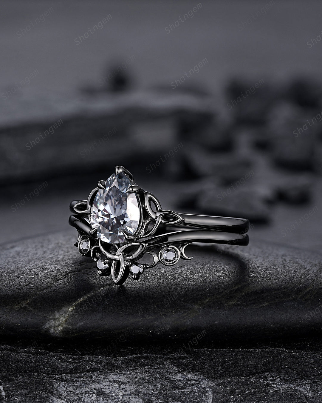 Vintage Pear Cut Gray Moissanite Black Engagement Ring Set, Gothic Black Rhodium Celtic Knot Wedding Set, Punk Black Promise Ring for Women - ShainJewelry