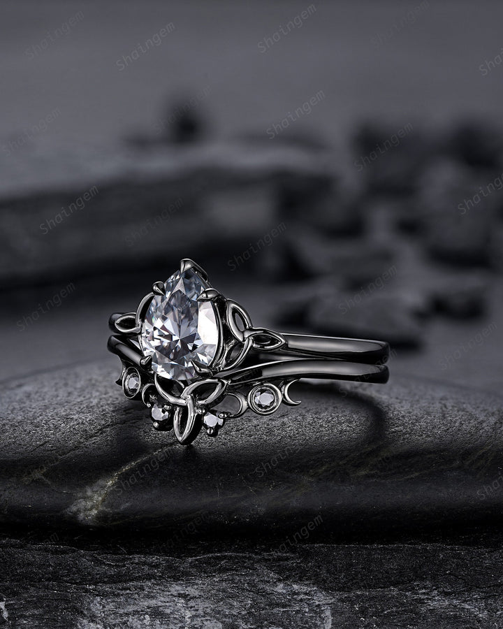 Vintage Pear Cut Gray Moissanite Black Engagement Ring Set, Gothic Black Rhodium Celtic Knot Wedding Set, Punk Black Promise Ring for Women - ShainJewelry