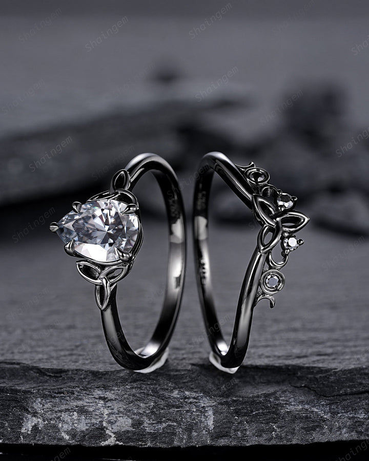 Vintage Pear Cut Gray Moissanite Black Engagement Ring Set, Gothic Black Rhodium Celtic Knot Wedding Set, Punk Black Promise Ring for Women - ShainJewelry