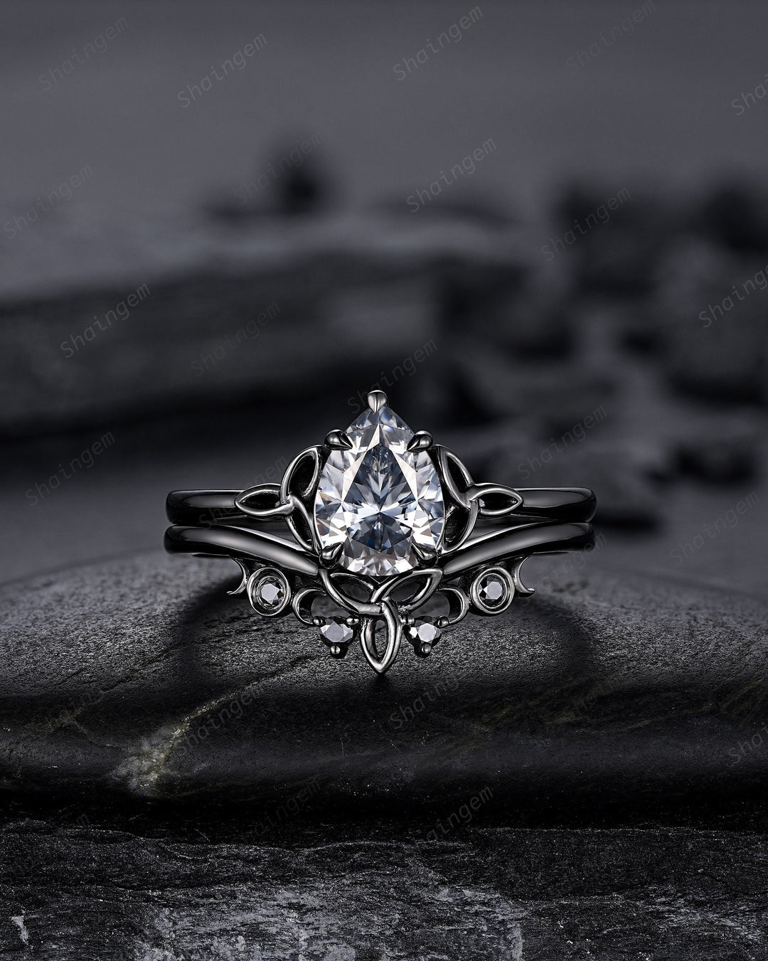 Vintage Pear Cut Gray Moissanite Black Engagement Ring Set, Gothic Black Rhodium Celtic Knot Wedding Set, Punk Black Promise Ring for Women - ShainJewelry