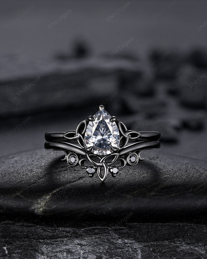 Vintage Pear Cut Gray Moissanite Black Engagement Ring Set, Gothic Black Rhodium Celtic Knot Wedding Set, Punk Black Promise Ring for Women - ShainJewelry