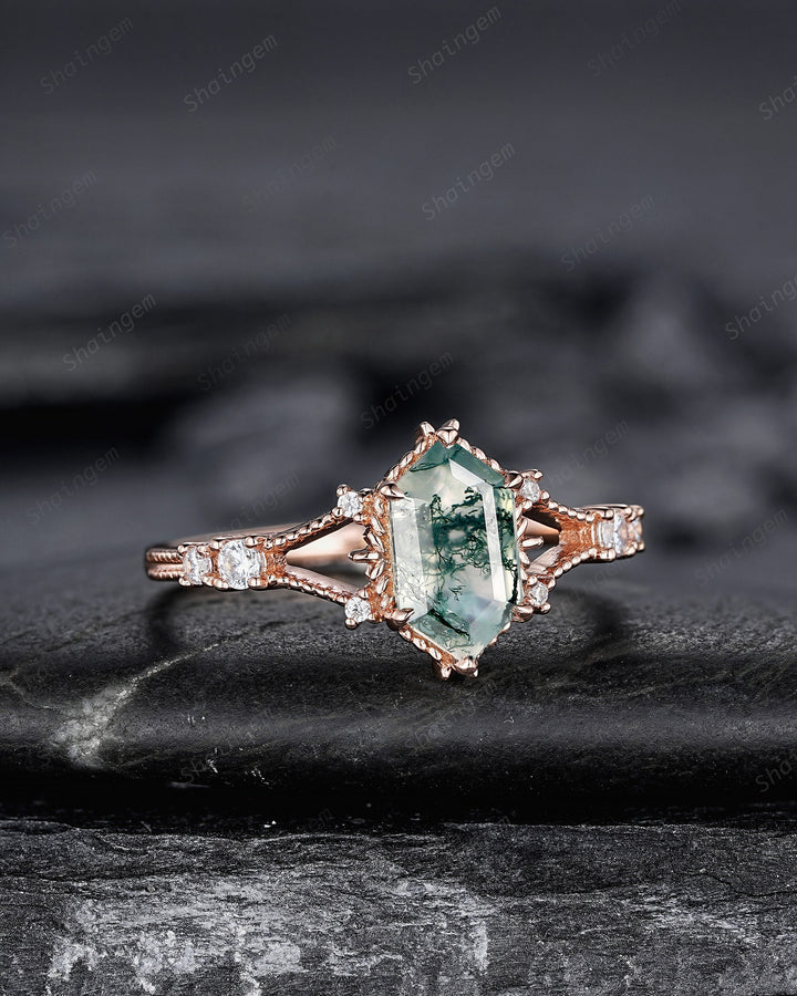 Hexagon Shape Moss Agate and Diamond Ring, Sterling Silver Elongated Moss Agate Engagement Ring, 14K Rose Gold Promise Anniversary Ring Gift - ShainJewelry