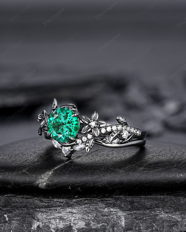 Nature Inspired Black Gold Round Shape Emerald Leaf Engagement Ring, Black Rhodium Emerald Vine Wedding Set Witchy Twig Branch Promise Ring - ShainJewelry