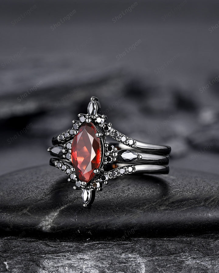 Vintage 3PCS Marquise Natural Garnet Black Engagement Ring Set, Gothic Black Bridal Set, Black Rhodium Wedding Set, Black Promise Ring Gift - ShainJewelry