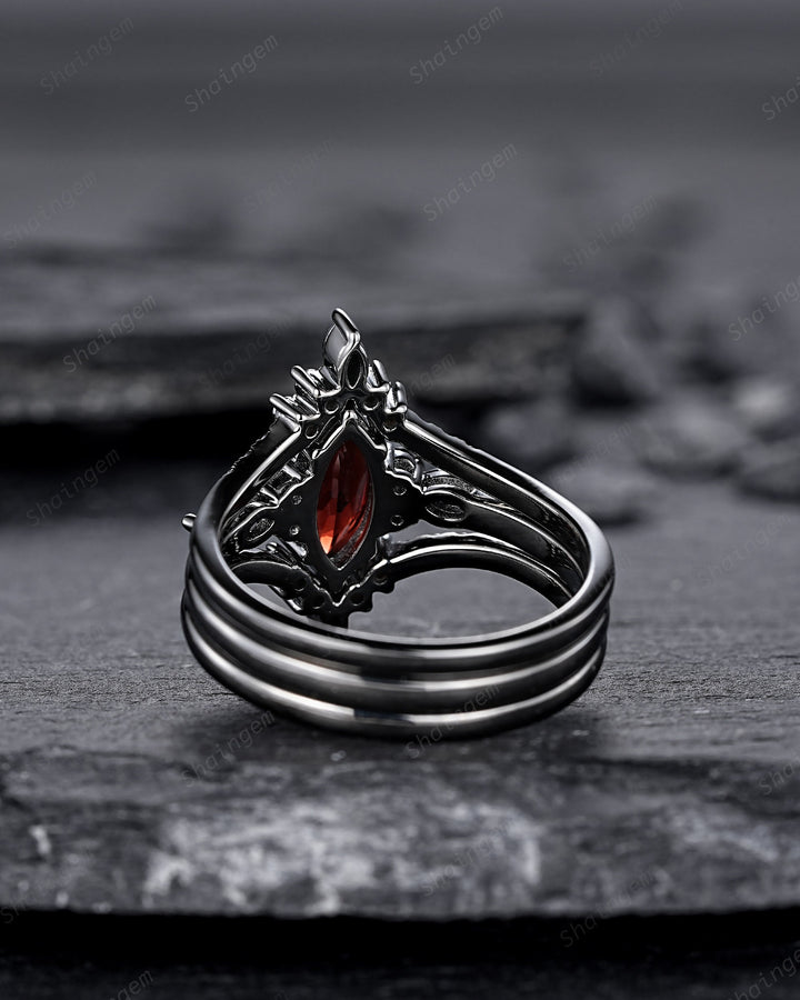 Vintage 3PCS Marquise Natural Garnet Black Engagement Ring Set, Gothic Black Bridal Set, Black Rhodium Wedding Set, Black Promise Ring Gift - ShainJewelry