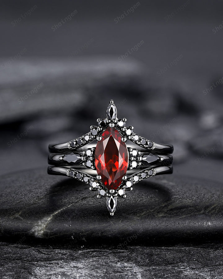 Vintage 3PCS Marquise Natural Garnet Black Engagement Ring Set, Gothic Black Bridal Set, Black Rhodium Wedding Set, Black Promise Ring Gift - ShainJewelry