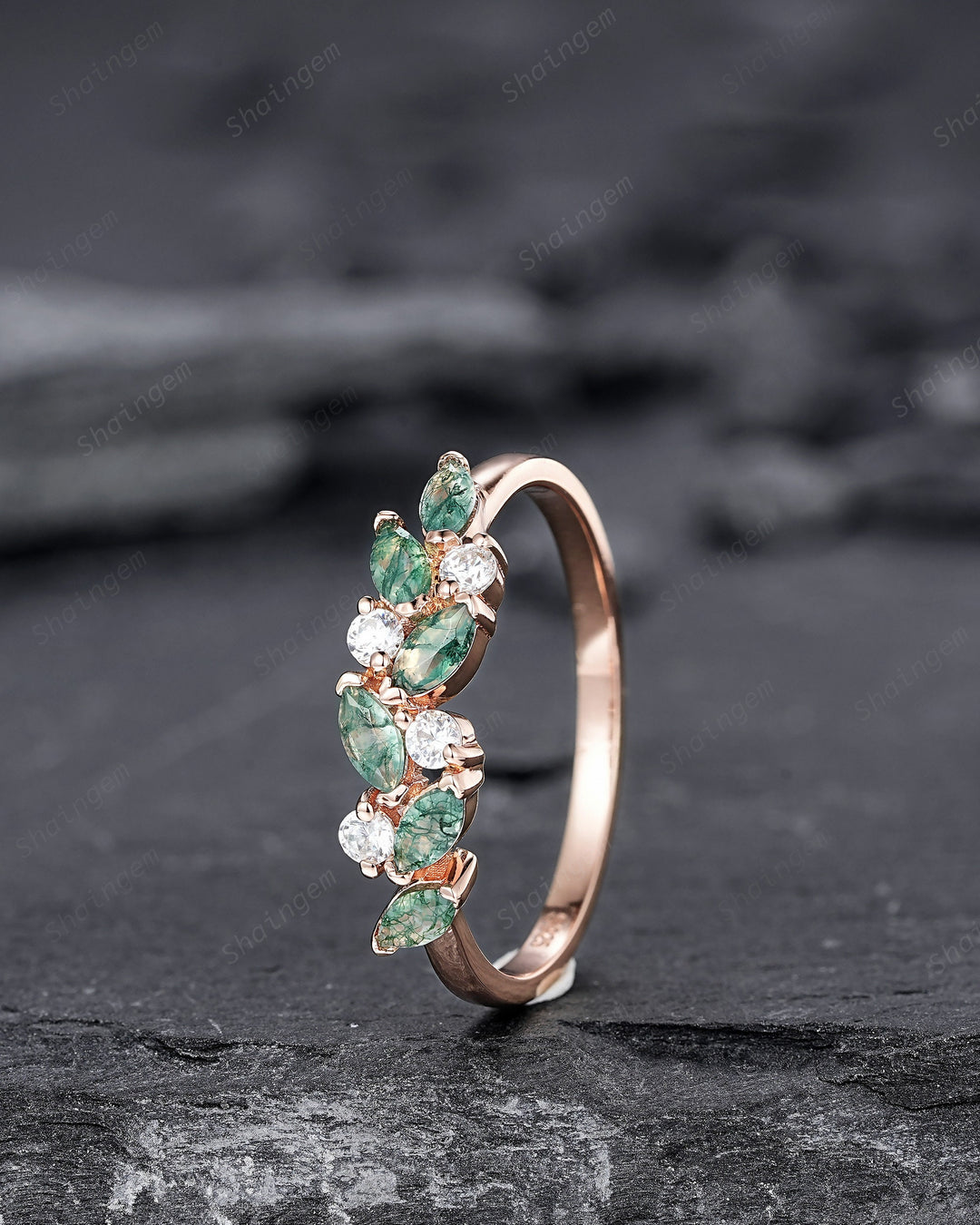 Nature Inspired Marquise Moss Agate Engagement Ring, Rose gold Matching Band, Half Eternity Wedding Band, Promise Ring Enhancer for Women - ShainJewelry