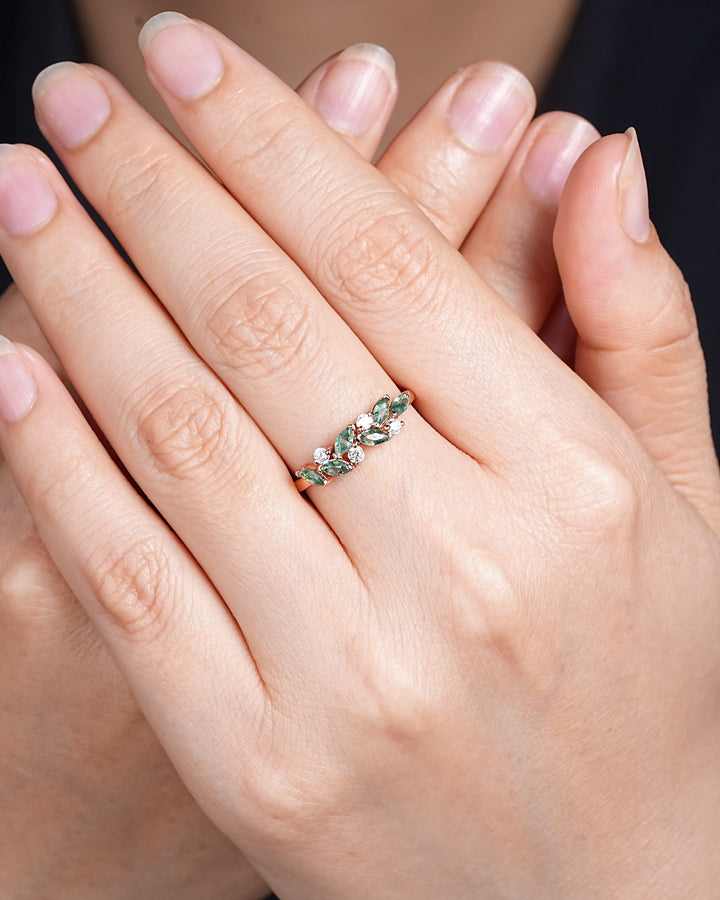 Nature Inspired Marquise Moss Agate Engagement Ring, Rose gold Matching Band, Half Eternity Wedding Band, Promise Ring Enhancer for Women - ShainJewelry