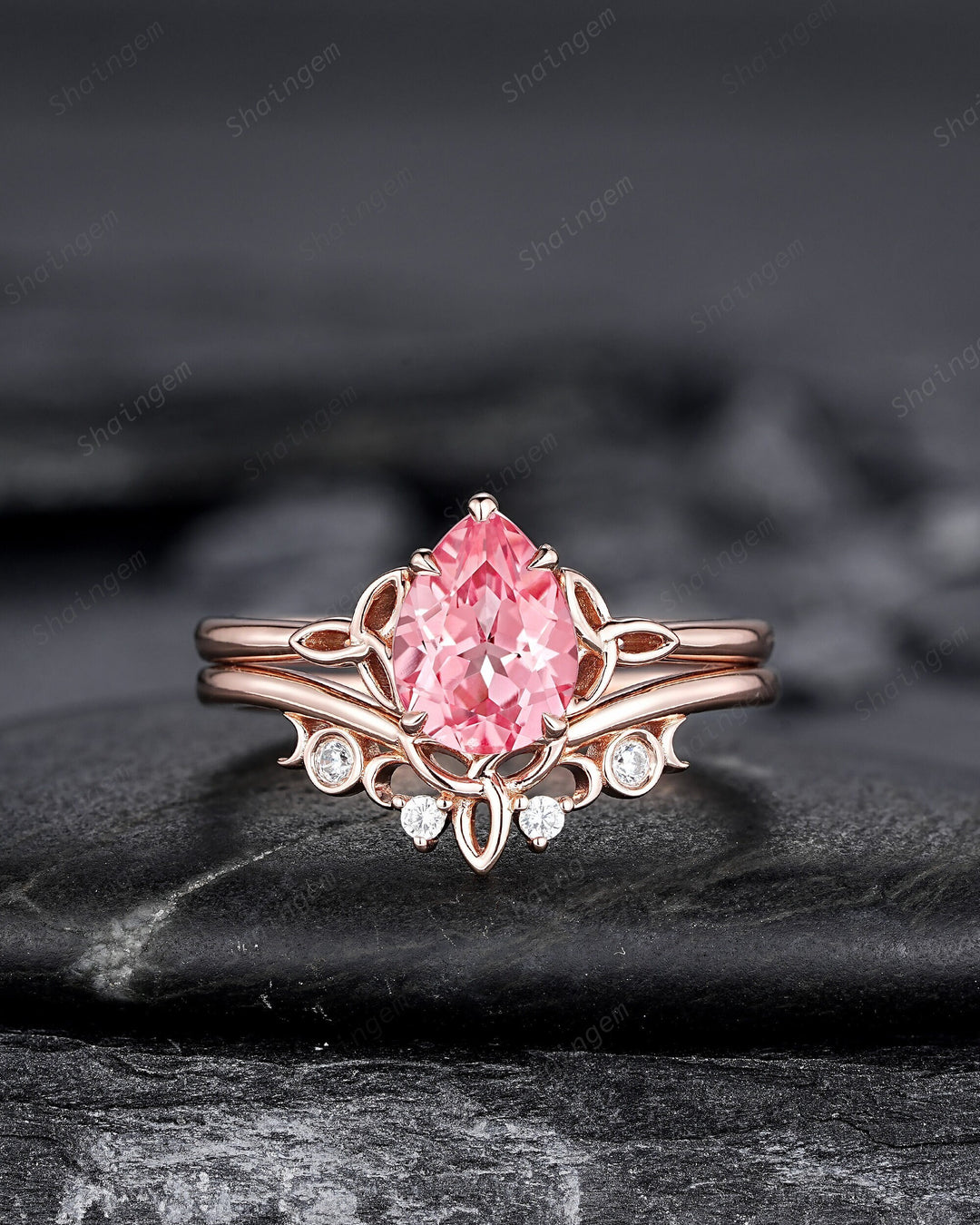 Celtic Knot Pear Shape Padparadscha Pink Sapphire Engagement Ring Set, Vintage Rose Gold Wedding Ring, Promise Ring Anniversary Gift for her - ShainJewelry